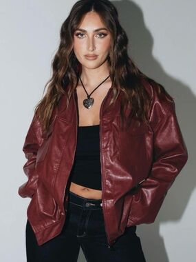 Princess Polly Callie Burgundy Faux Leather Bomber Jacket, size 6